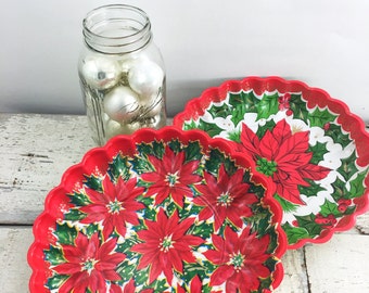 Set of Two Vintage Plastic Poinsettia Trays