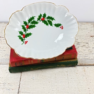Vintage Gold Edge Holly Berries Dish