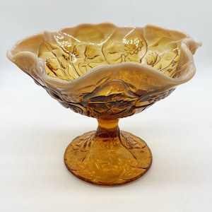 Opalescent Ruffled Tulip Waterlilies Compote Candy Dish Fenton Amber Caramel