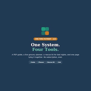 Puede incluir: Un gráfico digital azul oscuro con un icono de cuatro cuadrados en verde y naranja. El texto dice: One-Time Payment $19, One System. Four Tools. A PDF guide, a live grocery planner, a rescue kit for bad nights, and one page tying it together. No subscription, ever. Botones etiquetados como Guide, Planner, Rescue Kit y Hub.