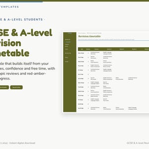 Może przedstawiać: Cyfrowy szablon harmonogramu powtórek dla programu Excel, z ciemnozielonym paskiem bocznym i białym układem tabeli. Tekst zawiera Finova Templates, GCSE & A-level Revision Timetable oraz harmonogram z datami, przedmiotami i kolumnami sesji.