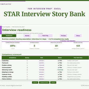 STAR Interview Story Bank Excel, Arkusz kalkulacyjny do przygotowania do rozmowy kwalifikacyjnej, Śledzenie odpowiedzi na pytania z rozmowy kwalifikacyjnej oparte na kompetencjach, Planer rozmów kwalifikacyjnych