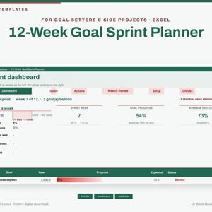 May include: A digital 12-Week Goal Sprint Planner Excel template featuring a Sprint dashboard with sections for goals, actions, weekly reviews, and progress tracking. The interface displays metrics like 54% goal progress and 73% average execution, with a dark green and white color scheme.
