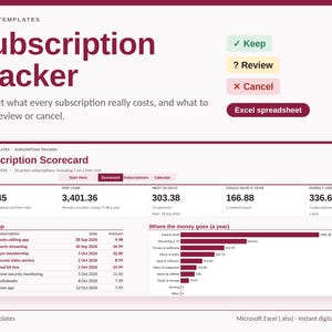 Prenumerationsspårning i Excel, månatlig kostnadsgranskning, avbryt eller behåll omdöme (digital nedladdning)