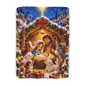 Nativity Scene Sherpa Fleece Blanket | Baby Jesus Manger Christmas Throw