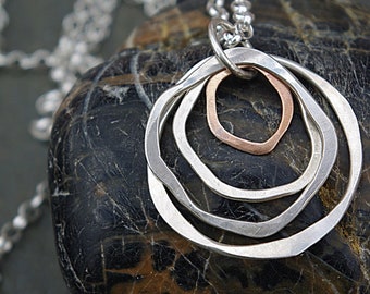 Sterling Silver Necklace, Long Statement Necklace, 4 Circle Necklace, Long Silver Pendant Necklace, Mixed Metal Necklace