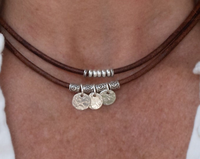 Sterling Silver Disc Necklace, Leather Necklace for Her, Layered