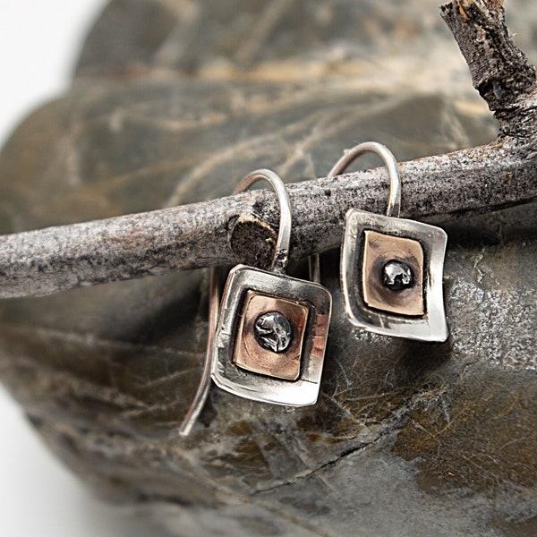 Small Square Earring, Geometric Jewelry, Square Mixed Metal Earrings, Square Dangle Earrings, Riveted Earrings, Modern Earrings