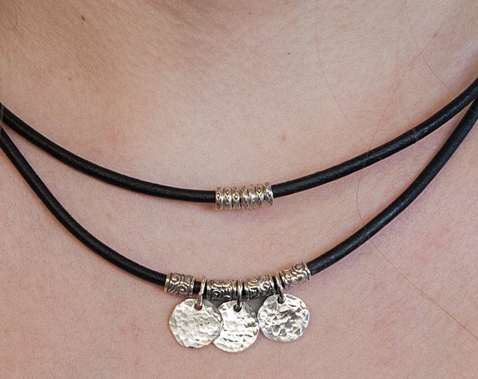 Sterling Silver Disc Necklace 2 strand Leather and Silver Genuine Leather Necklace Brown Leather Necklace for her Hill Tribe Silver