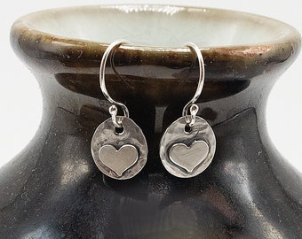 Sterling Silver Heart Earrings, Heart Shaped Earrings, Silver Heart Dangle Earrings, Disc Earrings, Niobium Ear Wires, Dark SIlver Earrings