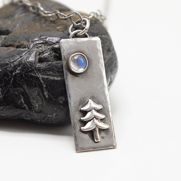 Moonstone Moon Pendant, Sterling Silver Pine Tree Necklace, Moonstone Pendant, Metalsmith Jewelry,  Nature Lover Gift, Evergreen Necklace