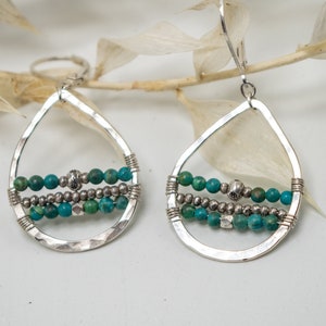 Turquoise Earrings, Turquoise Beaded Hoop Earrings, Bohemian Turquoise Earrings, Argentium Earrings, Teardrop Hoop Earrings image 2
