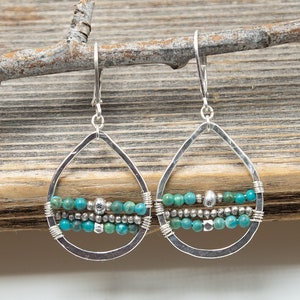 Turquoise Earrings, Turquoise Beaded Hoop Earrings, Bohemian Turquoise Earrings, Argentium Earrings, Teardrop Hoop Earrings image 1