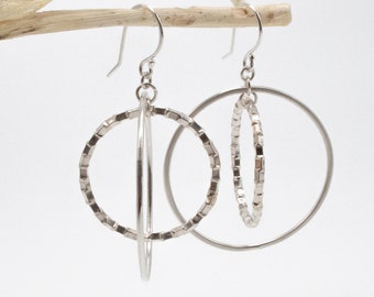 Sterling Silver Double Hoop Earrings, Large Dangle Hoop Earrings, Unique Hoop Earrings, Open Circle Earrings, Silver Hoop Earrings