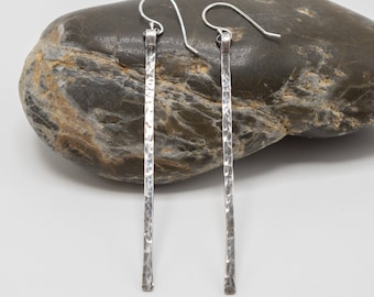 Silver Long Bar Earrings, Bar Earrings, Hammered Bar Earrings, Dangle Bar Earrings, Jewelry Under 20, Long bar Earrings