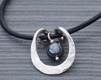 Silver Hammered Pendant, Hematite Gemstone, Leather Necklace for Her, Hematite Necklace, Unique Necklace, Hammered Silver Pendant