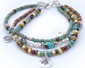 Seed Bead Bracelet, Free Shipping, Beaded Boho Bracelet, Boho Bracelet, Turquoise Bracelet, 3 Strand Beaded Bracelet, Seed Bead Bracelet