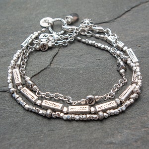 Sterling Silver Bracelet, Hill Tribe Silver, Tiny Bead Bracelet, Silver Bead Bracelet Set, Silver Leaf Bracelet, Dainty Silver Bracelets