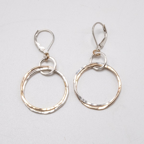 Double Hoop Earrings, Mixed Metal Earrings, Small Double Hoop Earrings, Silver Hammered Hoops, Double Hoop Gold Earring, Gift for Her