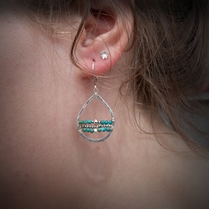 Turquoise Earrings, Turquoise Beaded Hoop Earrings, Bohemian Turquoise Earrings, Argentium Earrings, Teardrop Hoop Earrings image 4