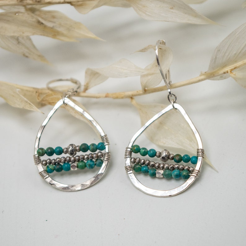 Turquoise Earrings, Turquoise Beaded Hoop Earrings, Bohemian Turquoise Earrings, Argentium Earrings, Teardrop Hoop Earrings image 2