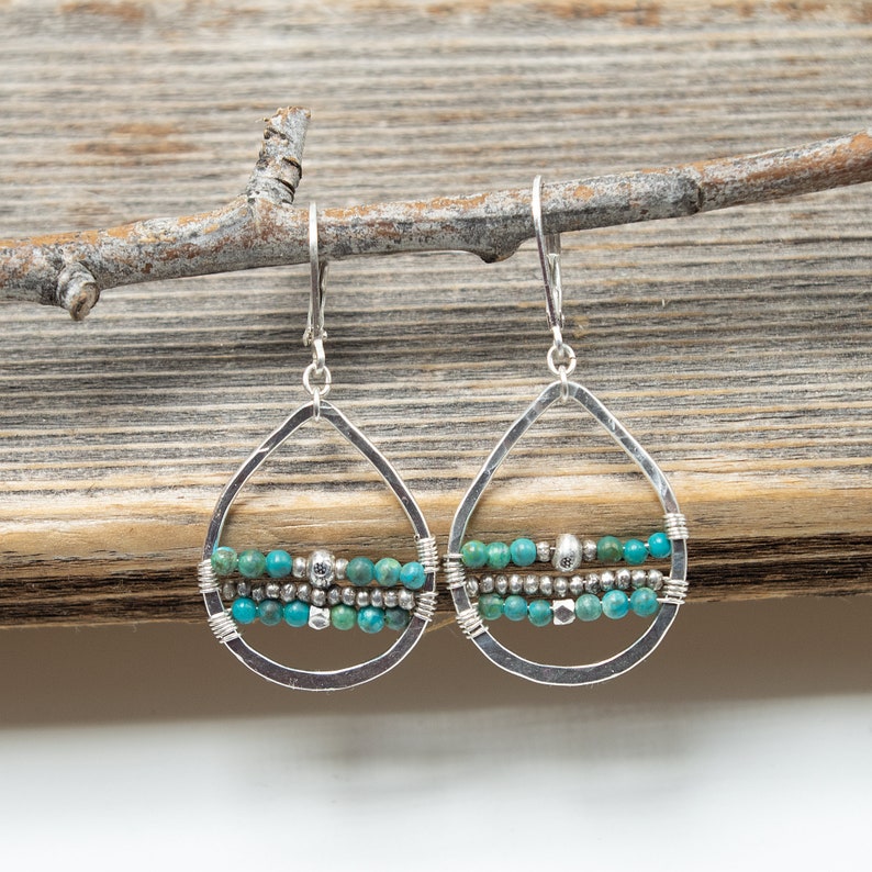 Turquoise Earrings, Turquoise Beaded Hoop Earrings, Bohemian Turquoise Earrings, Argentium Earrings, Teardrop Hoop Earrings image 1