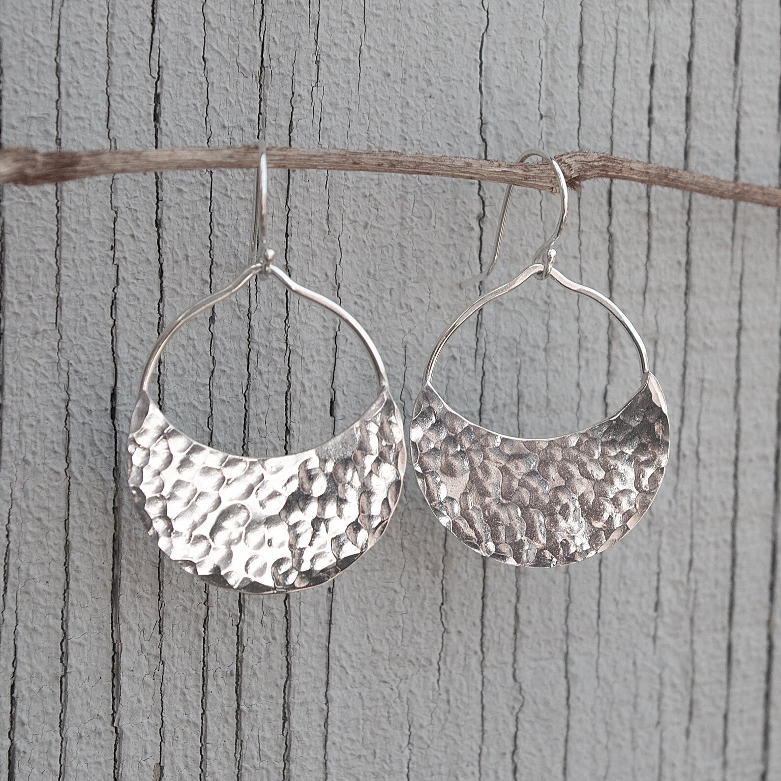 Sterling Silver Half Moon Earrings Hammered Silver Semi Etsy