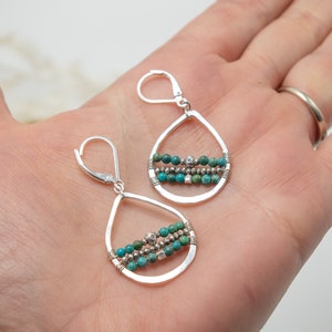 Turquoise Earrings, Turquoise Beaded Hoop Earrings, Bohemian Turquoise Earrings, Argentium Earrings, Teardrop Hoop Earrings image 6