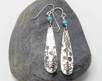Sterling Silver Boho Earrings, Boho Earrings, Turquoise Flower Earrings, Silver Flower Earrings, Teardrop Earrings, Retro Flower Earrings