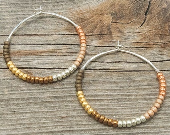 Silver Beaded Hoop Earrings, Seed Bead Hoop Earrings, Mixed Metal Earrings, Beaded Boho Earrings, Two Tone Earrings, Cute Hoop Earrings