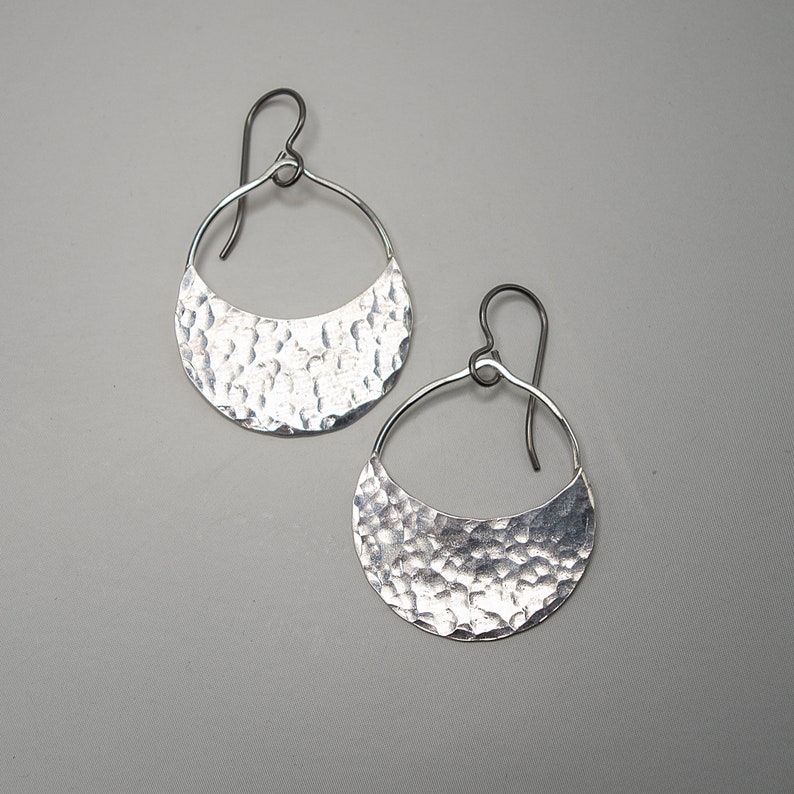Sterling Silver Half Moon Earrings Hammered Silver Semi Etsy
