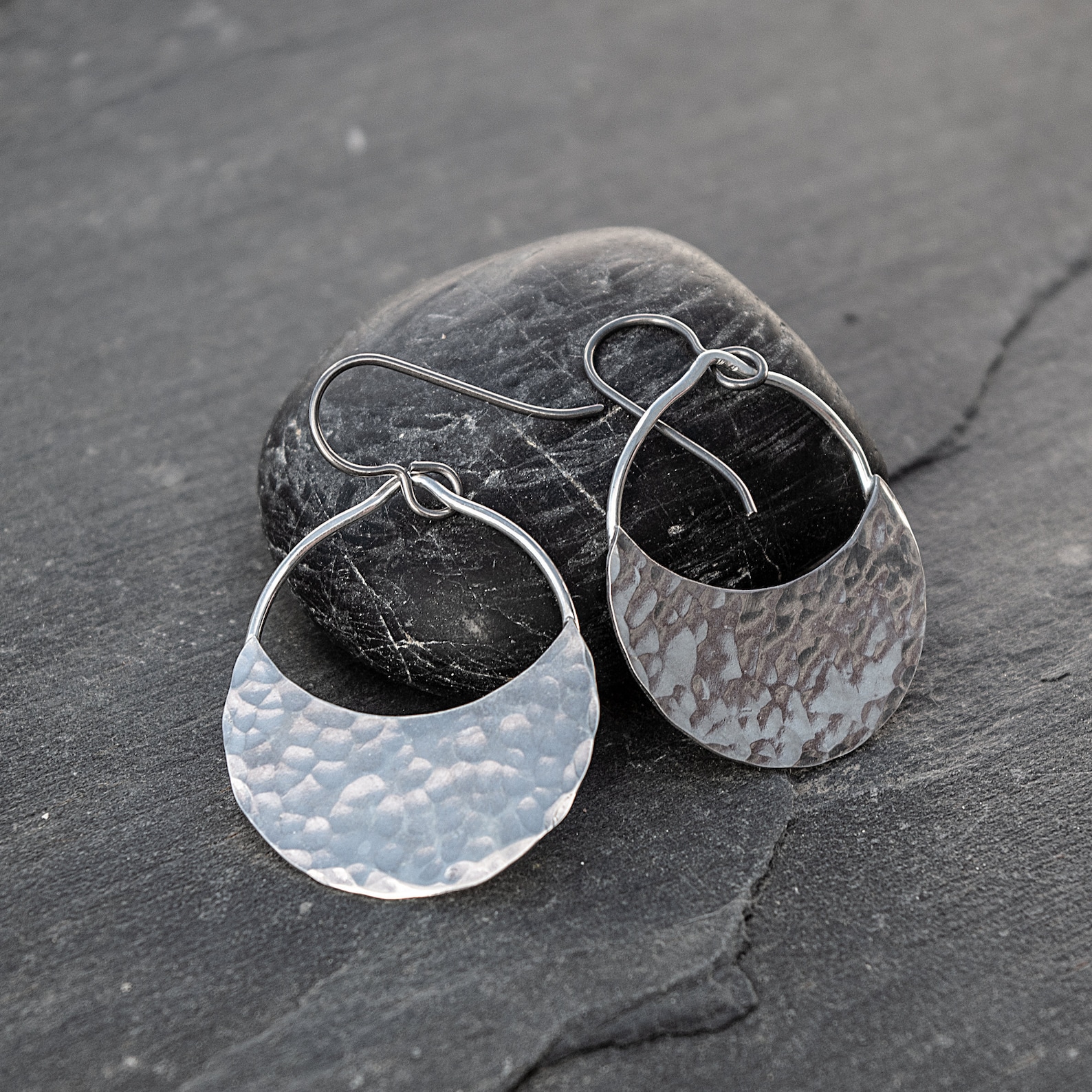 Sterling Silver Half Moon Earrings Hammered Silver Semi Etsy