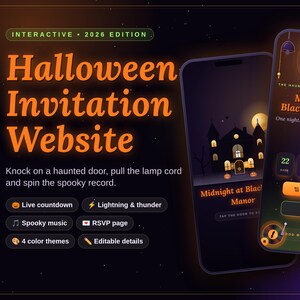 May include: An interactive Halloween invitation website template for mobile devices, featuring a dark theme with a haunted manor, a countdown timer, and event details titled Midnight at Blackwood Manor. The interface includes buttons for RSVP and viewing details.
