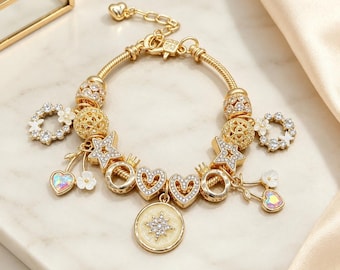 Bracciale Pandora in argento S925 con charm a forma di cuore, stella e fiore e catena di estensione regolabile, ideale come regalo per lei.