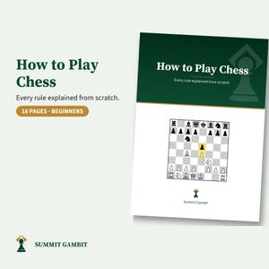 Może przedstawiać: Przewodnik zatytułowany How to Play Chess: Every rule explained from scratch, zawierający 18 stron dla początkujących. Okładka ma zielono-biały wzór z ilustracją szachownicy, wyróżnionym pionkiem oraz nazwą marki Summit Gambit.