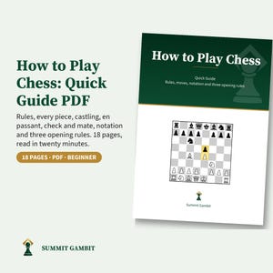 May include: A digital PDF guide titled How to Play Chess: Quick Guide, featuring 18 pages of rules, moves, and notation. The cover displays a chessboard diagram, the text How to Play Chess, and the Summit Gambit logo in dark green and white.