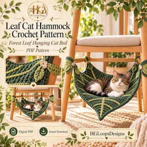 Puede incluir: Un patrón de ganchillo en PDF digital para una hamaca para gatos con forma de hoja, que presenta una cama tejida en verde oscuro con detalles de nervaduras en verde claro. El patrón se titula Leaf Cat Hammock Crochet Pattern.