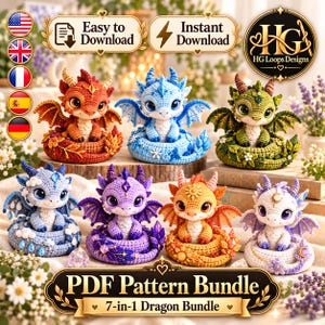 May include: A collection of seven crocheted dragon figures in various colors including red, blue, green, purple, orange, and white. Each dragon features large eyes, wings, and a coiled tail. The image includes text reading Easy to Download, Instant Download, HG Loops Designs, and PDF Pattern Bundle 7-in-1 Dragon Bundle.