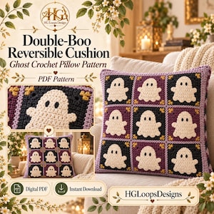 Ghost Crochet Pillow Pattern PDF, Double-Boo Reversible Cushion with Raised Ivory Ghost Squares and Moonlit Back for Halloween Home Decor