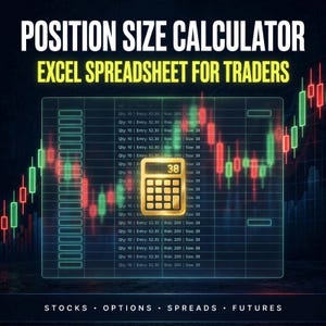 May include: A digital position size calculator Excel spreadsheet for traders featuring a gold calculator icon with the number 38, overlaid on a dark background with red and green candlestick stock market charts and the text Stocks, Options, Spreads, Futures.