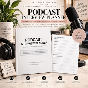 May include: A white Podcast Interview Planner workbook with black text, featuring a cover title and a guest information page with fields for guest name, occupation, episode topic, recording date, and episode number, alongside a small spiral notebook.