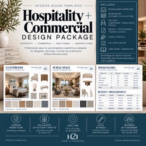 May include: A digital Hospitality and Commercial Design Package template set featuring interior design boards, room matrix, FFE lists, budget trackers, and spec sheets. The layout includes text headers, project examples, and icons for professional use.