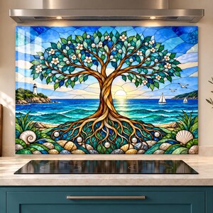 Tempered Glass Kitchen Backsplash: Coastal Tree of Life, Blue Stained Glass Look, Custom Sizes