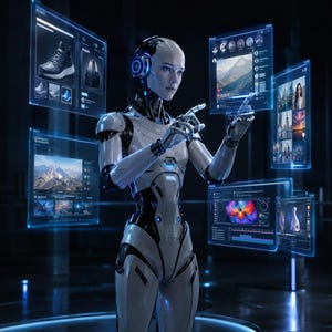 May include: A humanoid robot with a white and black glossy finish interacts with multiple floating, translucent blue digital screens displaying various images, social media profiles, and video editing interfaces in a dark, high-tech environment.