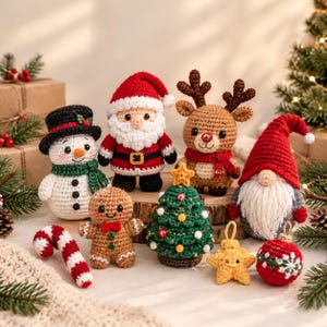 May include: A collection of crochet Christmas ornaments including a snowman, Santa Claus, reindeer, gingerbread person, gnome, candy cane, Christmas tree, star, and a red bauble, all featuring detailed yarn textures and festive colors.