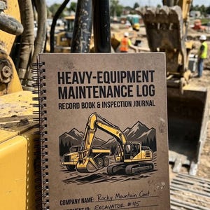 May include: A spiral-bound heavy-equipment maintenance log book with a brown cover featuring a yellow excavator illustration, mountains, and the text: HEAVY-EQUIPMENT MAINTENANCE LOG, RECORD BOOK & INSPECTION JOURNAL, COMPANY NAME: Rocky Mountain Cont., EQUIPMENT ID: EXCAVATOR #45, YEARS:.