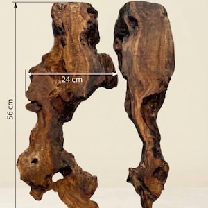 May include: Two pieces of dark brown natural driftwood with irregular, organic shapes and visible wood grain. One piece features measurement arrows indicating a height of 56 cm and a width of 24 cm, showcasing the scale of these wooden sculptures.
