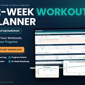 May include: A 12-week workout planner Excel spreadsheet digital template displayed on a laptop screen. The interface features a dashboard with progress snapshots, workout logs, and charts. Text includes Northern Studio Canada and Instant Download.
