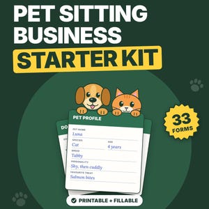 Könnte beinhalten: Ein Starter-Kit für ein Tiersitter-Unternehmen mit 33 druckbaren und ausfüllbaren Formularen. Die dunkelgrüne Grafik zeigt einen gezeichneten Hund und eine Katze über einem Tierprofil-Dokument mit Feldern für Name, Art, Alter, Rasse und Vorlieben.