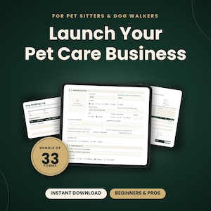 Puede incluir: Un paquete digital de 33 formularios para negocios de cuidado de mascotas, cuidadores y paseadores de perros. La imagen muestra el texto Launch Your Pet Care Business, Instant Download y Beginners & Pros, junto con ejemplos de formularios de registro.